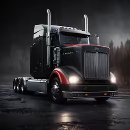 a big rig truck with its lights on,a large black semi truck is in a spotlight