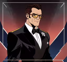a cartoon character in a suit and glasses with red accents,a man in a tuxedo is dressed up