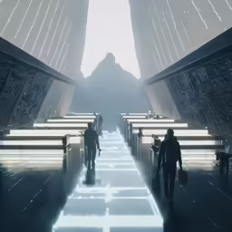 a view of some people walking around in a sci - fi environment