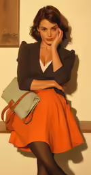 a woman posing in an orange skirt and a white shirt