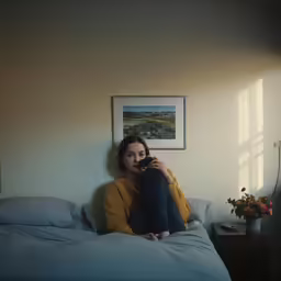 the woman is drinking from the cup while sitting on her bed