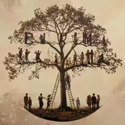 a group of people standing around the top of a tree