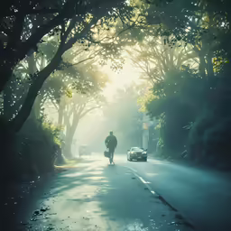 a man walking down a street near parked cars
