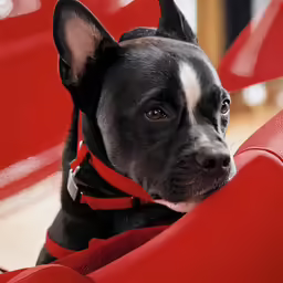 a dog with red collar and black leather sitting on a red chair