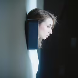 a woman with her face partially illuminated by a wall light