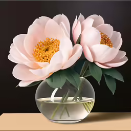 two pink flowers in a vase, some green leaves, and water