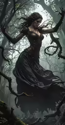 a woman in a black dress is dancing through trees