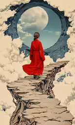 woman in red dress standing at edge of a pathway