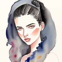 watercolor painting of a girl with long dark hair