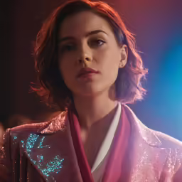 an attractive young woman in a red dress and pink jacket