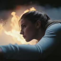 a woman standing in front of a fire