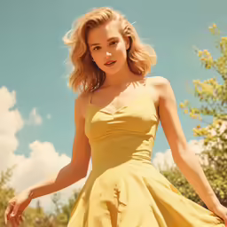 a young woman in a yellow dress looking to her left