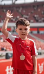 young boy raising his hand up at an event