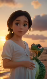 the girl is holding a frog while looking at the camera