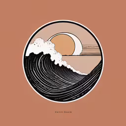a round picture of waves, with the sun over it,an oval shaped artwork with the sun setting over a large wave