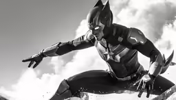 an animated superhero is flying through the air