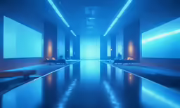 the reflection of an open air lobby, reflecting on water