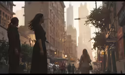 two women are walking in the city at sunset