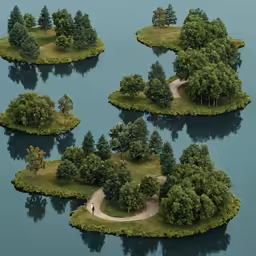 several small islands surrounded by trees and water