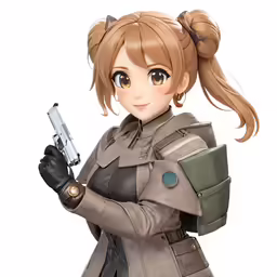 a cartoon woman in an anime uniform holding a gun