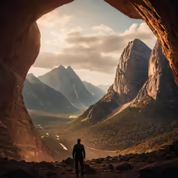 a person standing inside of a cave on top of rocks