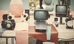 a table with two large vases, and some small electronics