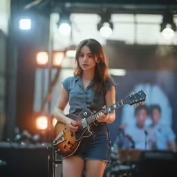 a young woman playing an electric guitar on stage