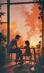 man and child having dinner in a terraced dining area with a sunset outside
