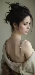 a woman in white has long black hair