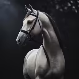 a white horse with a black mane is standing in the dark