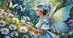 a woman in a blue dress is surrounded by flowers and butterflies