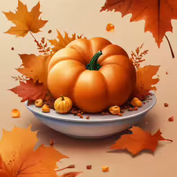 a pumpkin on a plate is surrounded by falling autumn leaves,a decorative pumpkin sits atop a dish surrounded by fall leaves