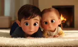 two children laying on the floor looking at something with eyes