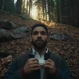a man is looking at the camera in a forest
