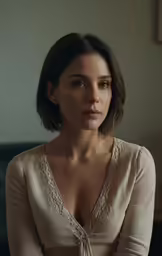 a women who is wearing a long white top and is sitting down