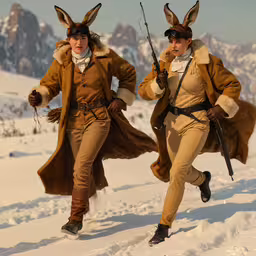 two people in costumes running in the snow,two people are dressed in costumes as rabbits with gun