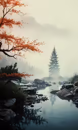 a small stream flows past a misty forest
