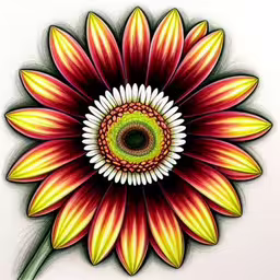 this drawing is in the color red and yellow,a sunflower with red petals painted on it,a colorful flower with an eye on the center,a colorfully designed flower is depicted in this drawing,a colorfully painted flower with orange and yellow centers