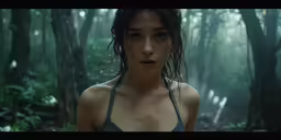 a woman with wet hair looking into the camera in a forest