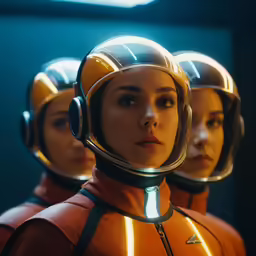a woman in an orange dress and four other ladies in helmets in the back ground