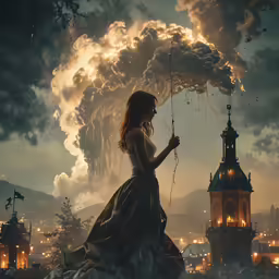 the woman stands by a tall building while holding onto a string that is surrounded by smoke