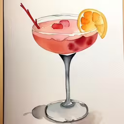 an artistic painting of a pink martini garnished with an orange slice and cherries,an art print of a watercolor painting of an alcoholic cocktail with a cherry and a straw