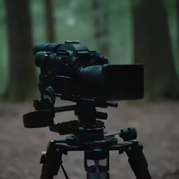 a camera sits on a tripod in a wooded area