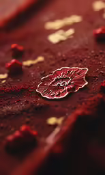 there is a red and gold floral piece on the fabric