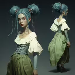 the concept art for a fashion show of a young girl in an elegant dress and a high ponytail
