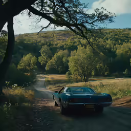 the car is driving down the road near a field