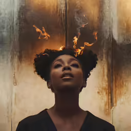 a woman standing in front of a wall with an open mouth and glowing eyes