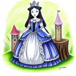 the princess stands next to her castle,the drawing shows a little girl wearing an elaborate dress