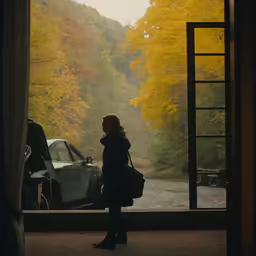 woman looking out from inside a house window at a car