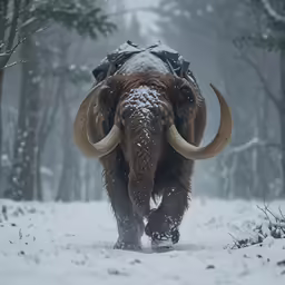 a large animal walking in the snow in a wooded area